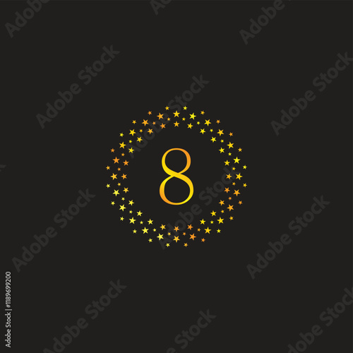 Number 8 stars, round, gold, elegant geometric symbol simple logo vector