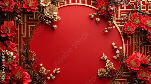 Auspicious chinese new year celebration vibrant red and gold decor floral arrangement festive atmosphere