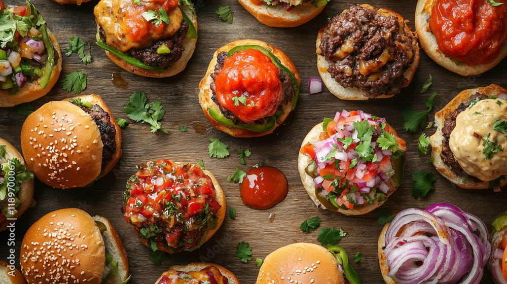 Gourmet burgers topped with fresh ingredients on wooden table Gourmet burgers topped with fresh ingredients on wooden table