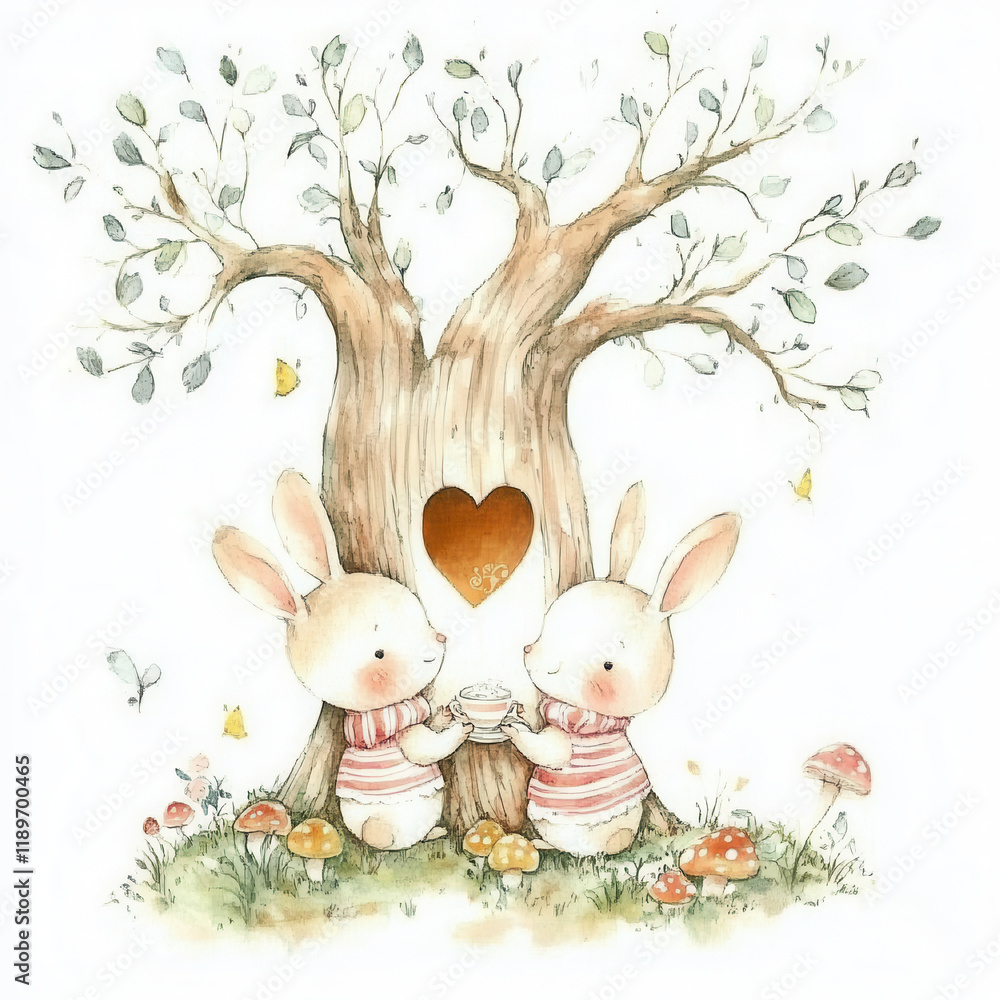 Fototapeta premium Cute rabbits sharing moment by tree, surrounded by mushrooms and butterflies, creating whimsical and heartwarming scene