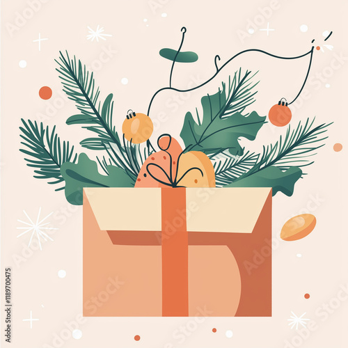 Gift box with festive greenery and decorations photo