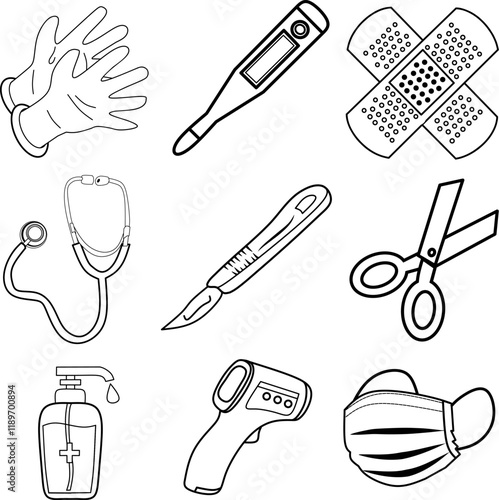 icon vector Medical equipments design, with various design shapes, with a hand drawn black outline style for medical. 