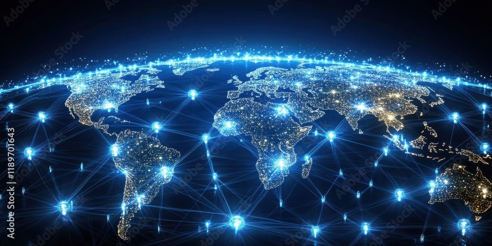 Fototapeta premium Global network connections illuminated over a digital world map