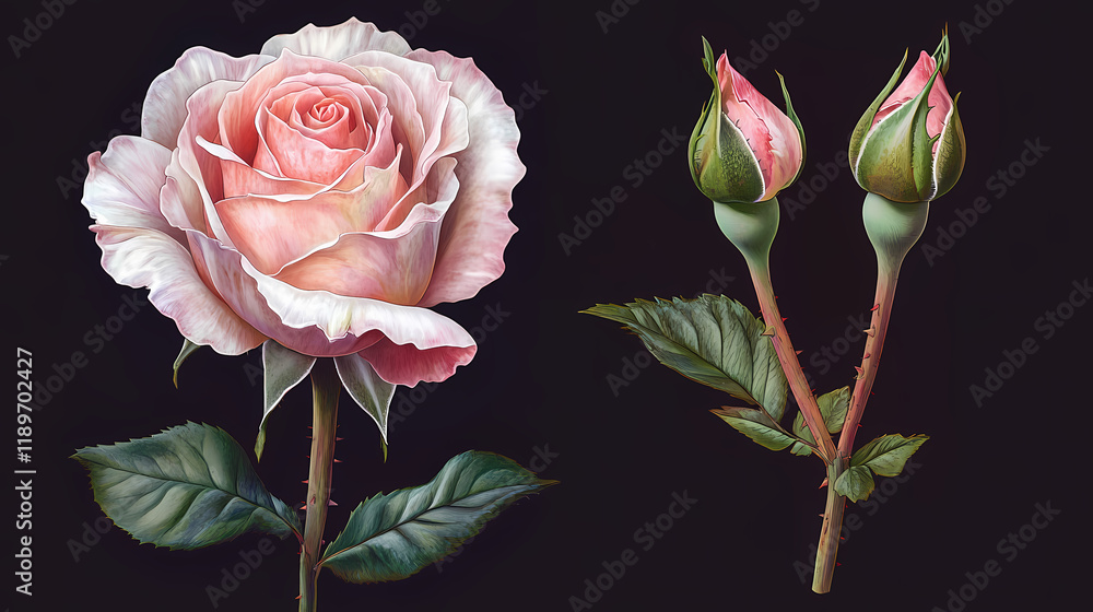 Obraz premium Pink rose and bud in closeup, with patterned edge on petals. Seapearl. Illustration