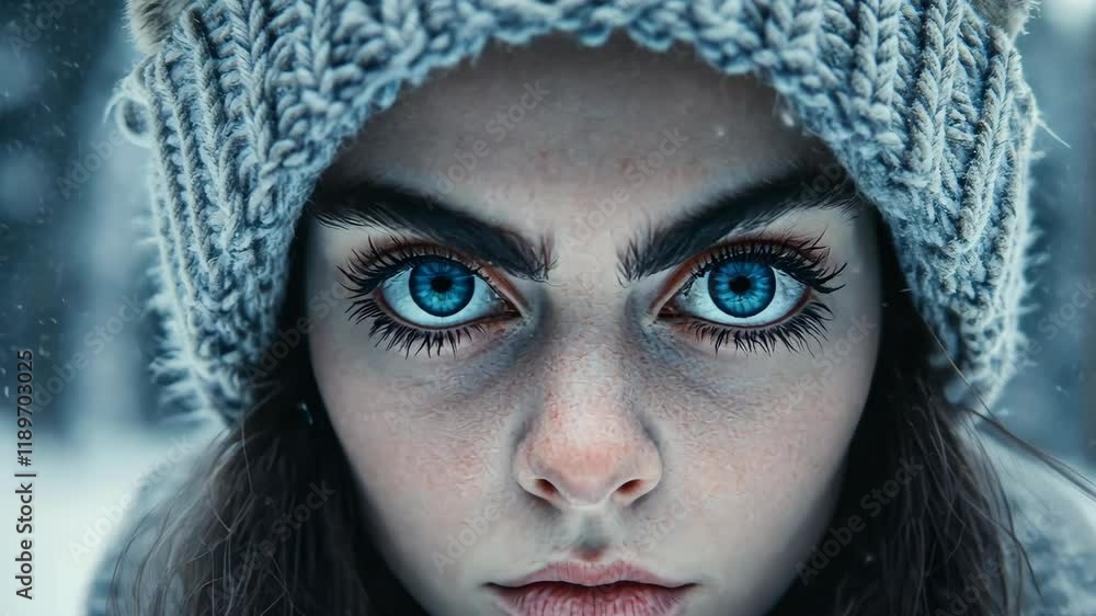 Intense winter gaze of a woman amidst falling snowflakes Intense winter gaze of a woman amidst falling snowflakes