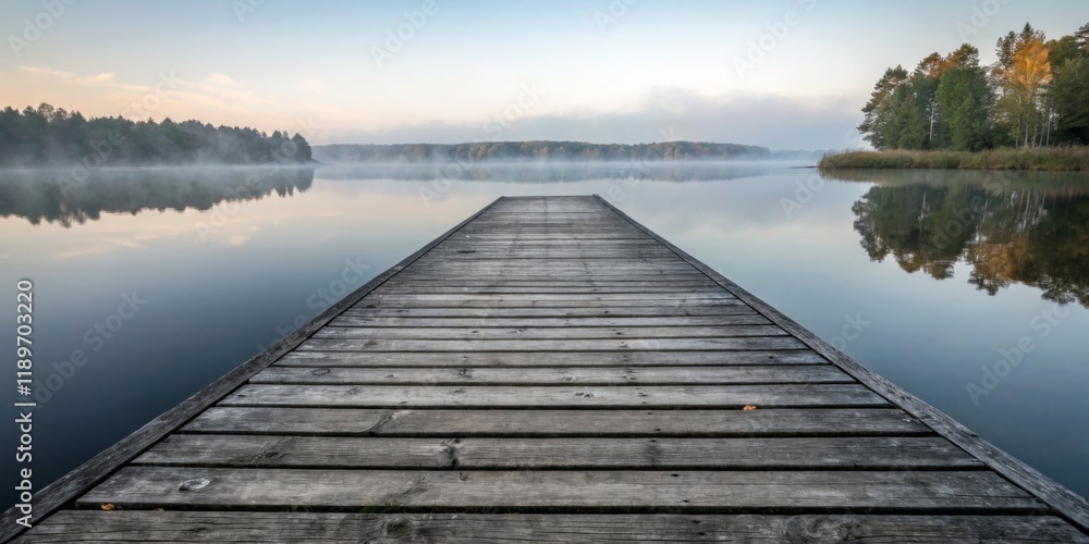Naklejka premium Serene wooden pier extending into calm lake at dawn surrounded by fog and lush trees