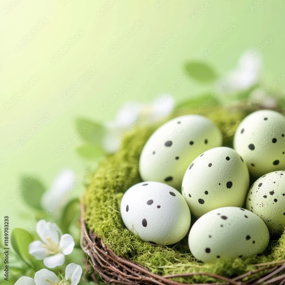 Green speckled eggs in a nest surrounded by delicate flowers Green speckled eggs in a nest surrounded by delicate flowers