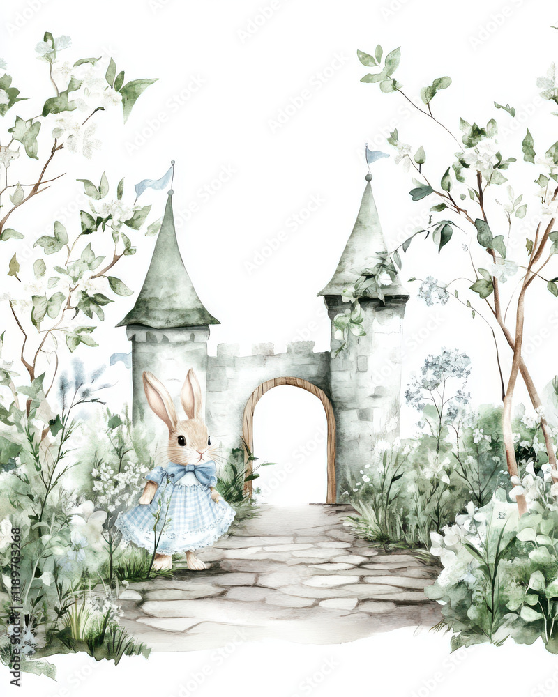 Fototapeta premium whimsical rabbit in blue dress stands near fairytale castle surrounded by lush greenery and flowers, creating serene and enchanting atmosphere