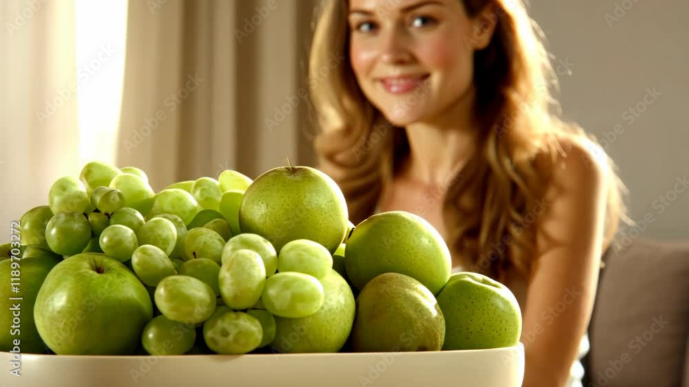 Smiling woman enjoying green fruits in a cheerful home setting Smiling woman enjoying green fruits in a cheerful home setting