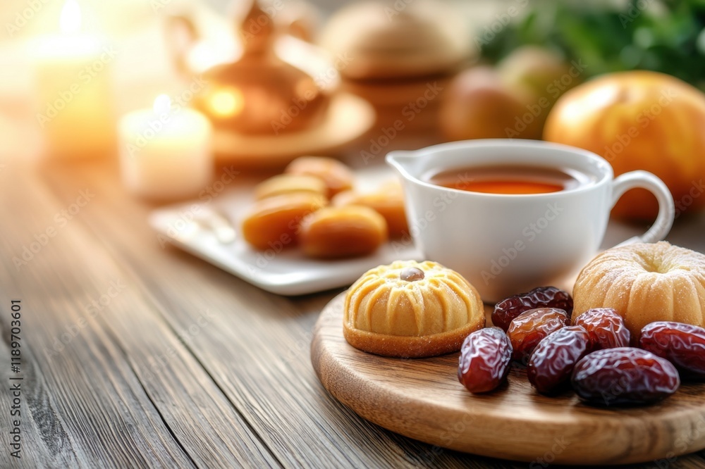 A cozy tea setting with sweets and dates on a wooden table A cozy tea setting with sweets and dates on a wooden table