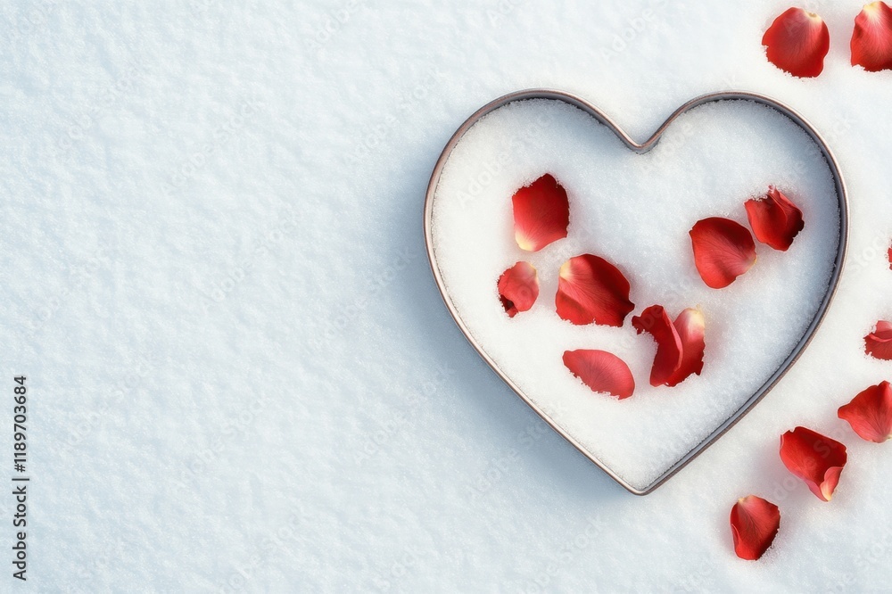Heart-shaped cookie cutter with red rose petals on white snow Heart-shaped cookie cutter with red rose petals on white snow