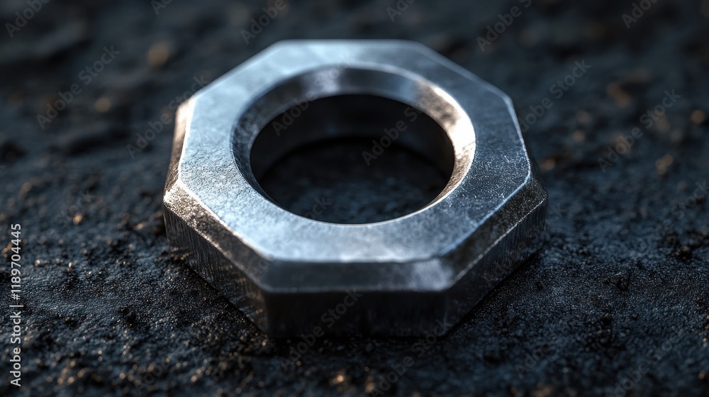Close-up of a metal hex nut on dark textured surface Close-up of a metal hex nut on dark textured surface