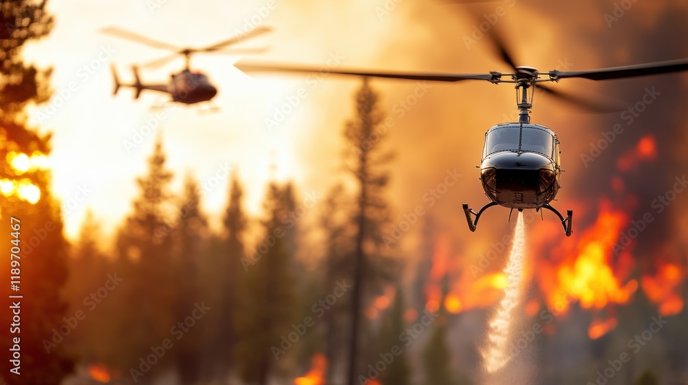 Helicopters combat raging forest fire with powerful water drops Helicopters combat raging forest fire with powerful water drops