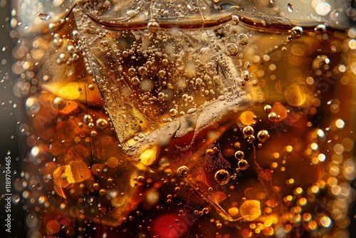 Close up of ice cubes melting in a glass of carbonated soft drink, creating refreshing bubbles photo