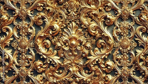 Ornate metallic gold foil texture with baroque-inspired embossed patterns, shimmering radiant surface, luxurious seamless design, generative ai photo