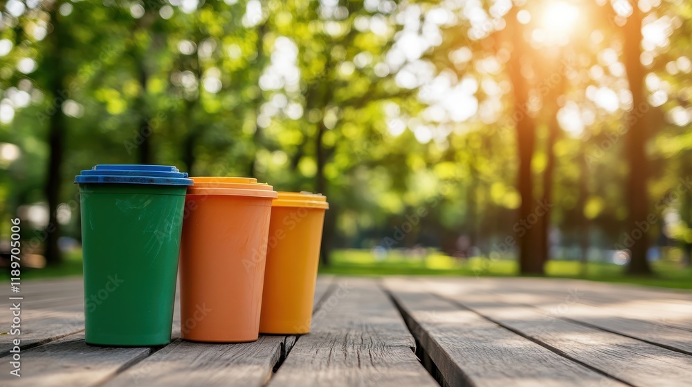 Colorful recycling bins promoting eco-friendly practices in a city park