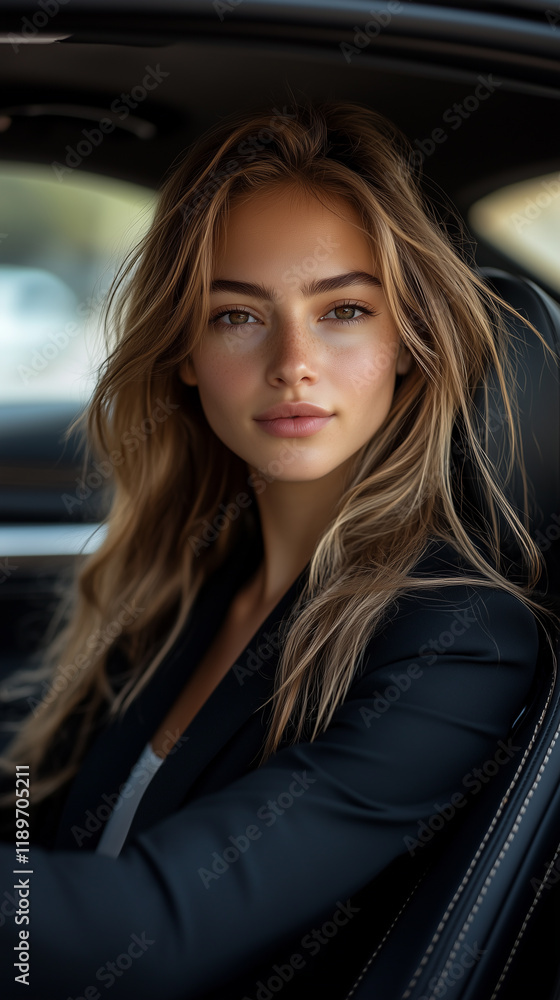A FULL SHOT OF THIS BUSINESS WOMAN WEARING A BLACK SUITE SITTING IN THIS CAR WITH HIS HANDS ON THE WHEEL AND READY TO DRIVE IN THIS CAR. A FULL SHOT OF THIS BUSINESS WOMAN WEARING A BLACK SUITE SITTING IN THIS CAR WITH HIS HANDS ON THE WHEEL AND READY TO DRIVE IN THIS CAR.