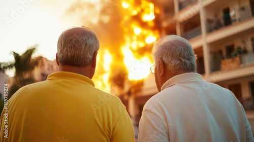 Rescue workers aiding elderly survivors during intense building fire photo