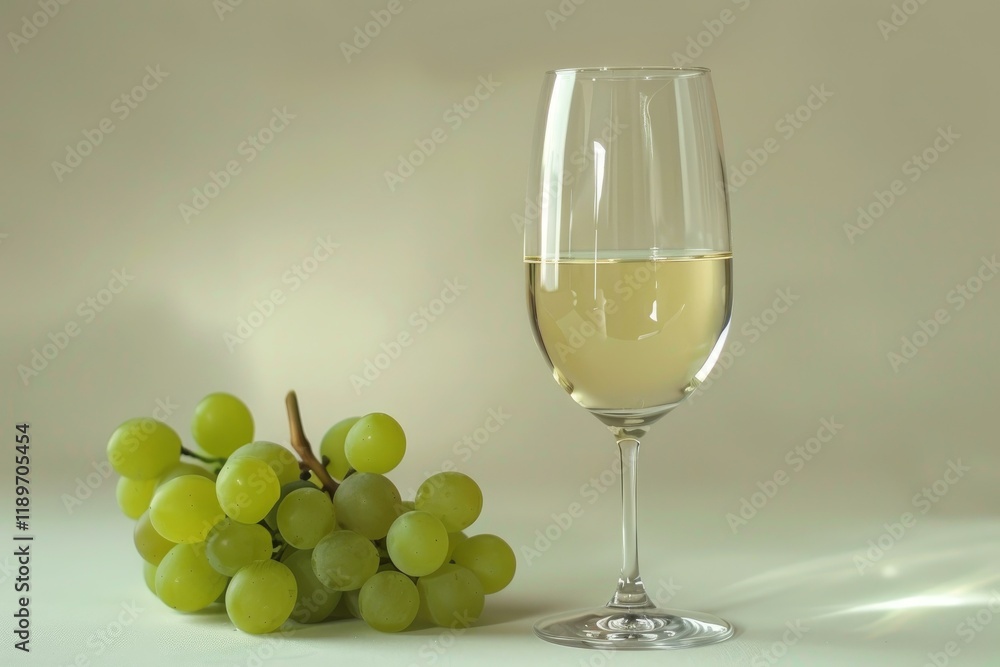 Studio shot of a glass of white wine and a bunch of green grapes on a neutral background, creating a sophisticated and inviting scene Studio shot of a glass of white wine and a bunch of green grapes on a neutral background, creating a sophisticated and inviting scene