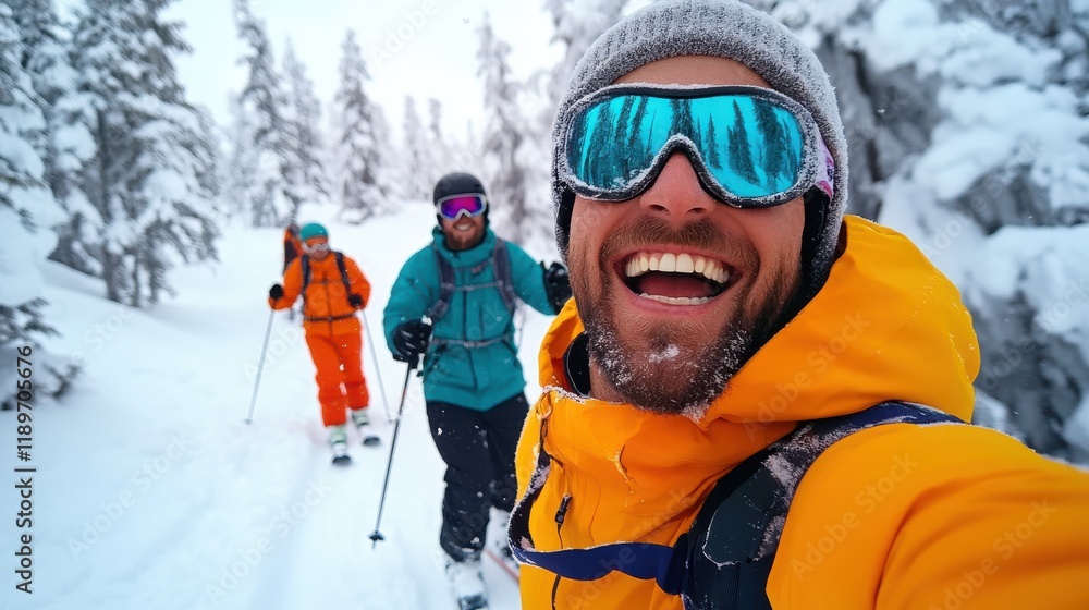 Skiers joyfully navigating a snowy forest trail in winter wonderland Skiers joyfully navigating a snowy forest trail in winter wonderland