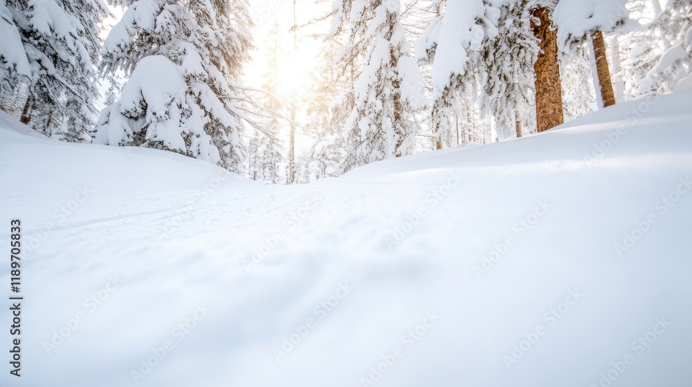 Snowboarder carves through a serene powder wonderland in the forest Snowboarder carves through a serene powder wonderland in the forest