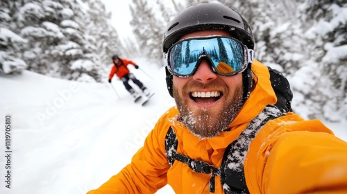 Snowboarder conquers deep powder on a steep mountain face photo