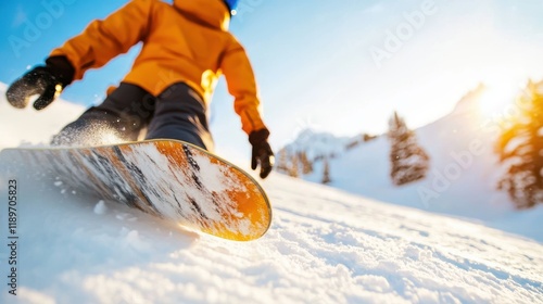 Snowboarder speeds down a breathtaking mountain slope at sunset photo