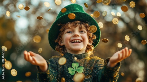 Kid boy wearing a green leprechaun hat and clover leaf, children having fun at St. Patrick's Day party with lots of falling golden coins