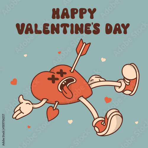 Heart mascot in retro groovy style. Valentine's Day vintage heart character killed by Cupid`s arrow. February 14 vector