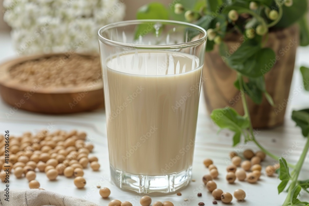 Refreshing soy milk in a glass, surrounded by soybeans and bran flakes, promotes a healthy, plant based lifestyle Refreshing soy milk in a glass, surrounded by soybeans and bran flakes, promotes a healthy, plant based lifestyle