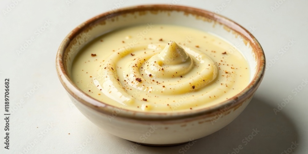 Creamy Pale Yellow Dessert Swirl in a Rustic Bowl with Brown Specks Creamy Pale Yellow Dessert Swirl in a Rustic Bowl with Brown Specks