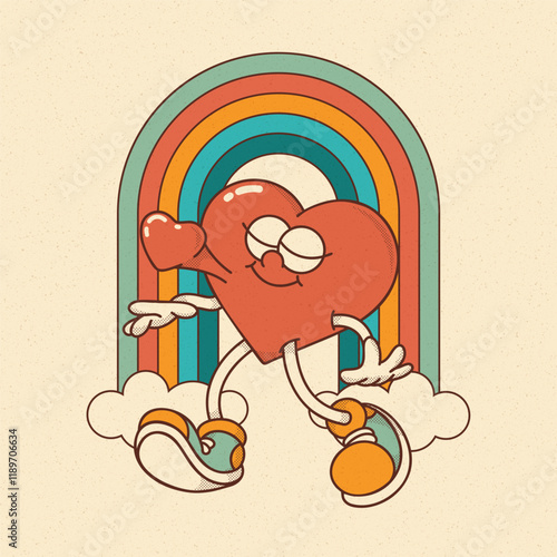 Heart mascot in retro groovy style. Valentine's Day vintage heart character crazy in love. Rainbow, clouds