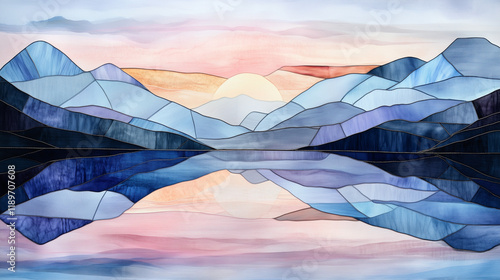 Stained Glass Mountain Lake at Dawn Reflecting Tranquil Colors  