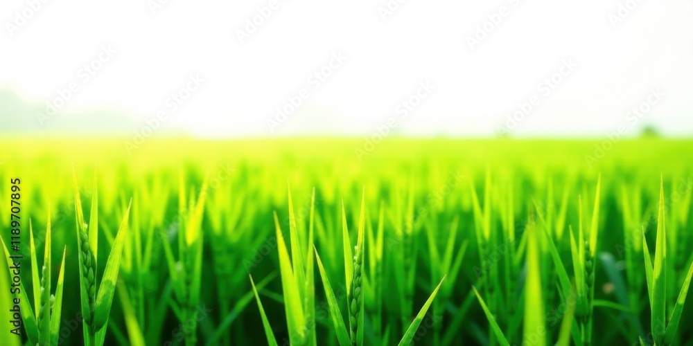 Fototapeta premium Vibrant Green Field of Young Plants Basking in Sunlight, a Serene and Peaceful Pastoral Scene
