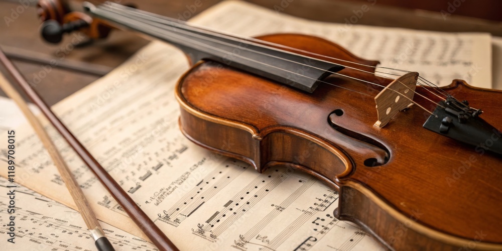 Naklejka premium Musical notes and a violin resting on sheet music in a cozy practice space in the evening