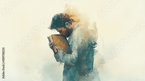 Spiritual painting of a believer hugging a Bible, bathed in warm, gentle light.
