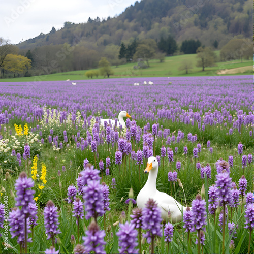 countryside of Japan in spring -  Renge (milk vetch)  flower field and the ducks photo