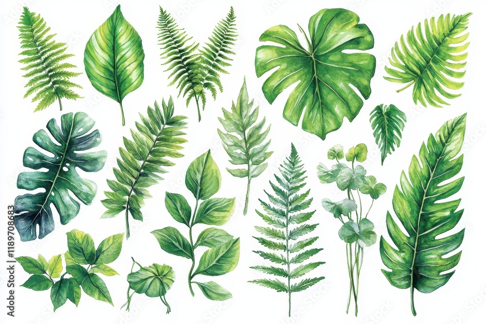 A collection of various green leaves and ferns illustrated in detail. A collection of various green leaves and ferns illustrated in detail.