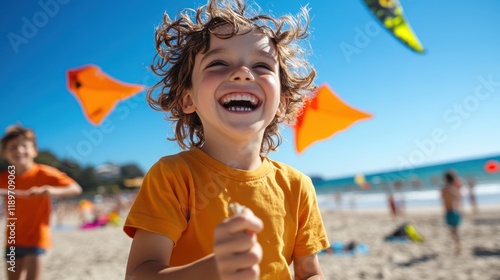 Joyful children flying colorful kites on a breezy beach day