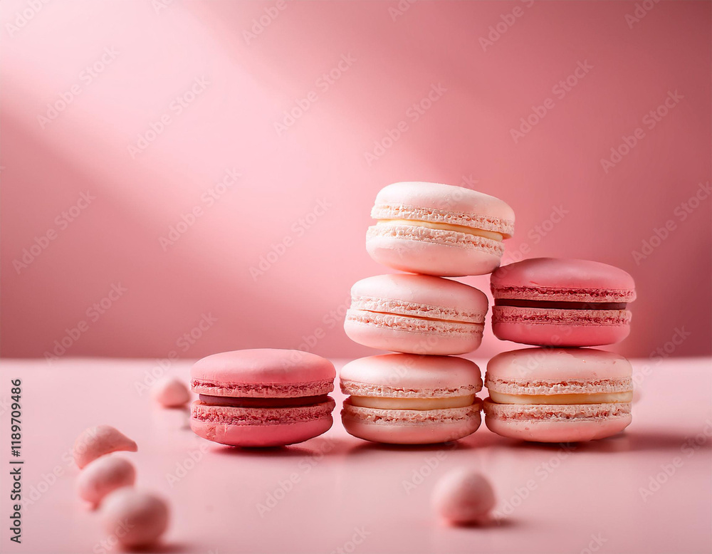 soft pink background with delicious macarons on a table surface soft pink background with delicious macarons on a table surface