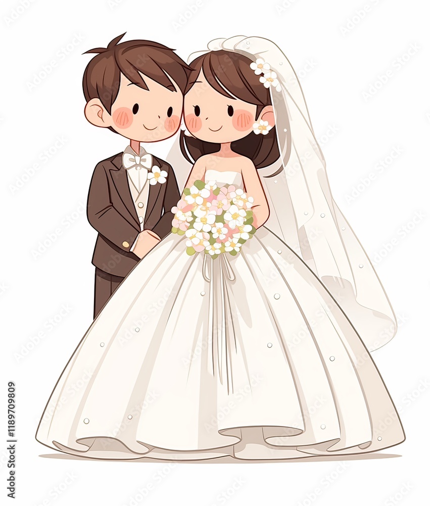 Cute cartoon vector-style wedding couple sticker with a white background. The bride in her long dress and groom holding hands Cute cartoon vector-style wedding couple sticker with a white background. The bride in her long dress and groom holding hands