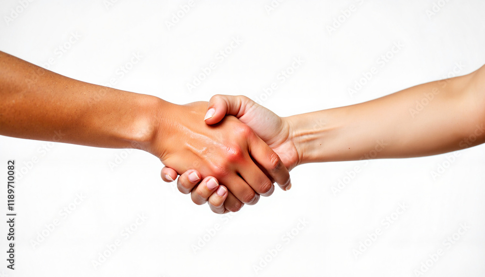 Handshake between diverse individuals on white background Handshake between diverse individuals on white background