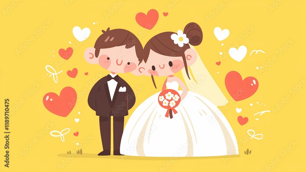 Cute cartoon vector-style wedding couple sticker, featuring a bride in a white dress and a groom wearing a suit. Cute cartoon vector-style wedding couple sticker, featuring a bride in a white dress and a groom wearing a suit.