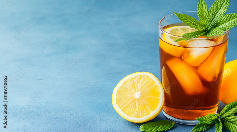 Fototapeta premium Refreshing Cannabis-Infused Beverage Served in a Glass With Citrus and Mint on a Vibrant Blue Background