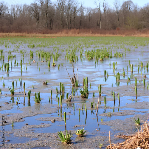 A wet swamp or a overflooded meadow in spring photo