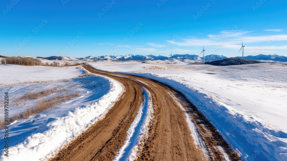 Winding dirt road leads to a sustainable wind farm in a snowy landscape Winding dirt road leads to a sustainable wind farm in a snowy landscape