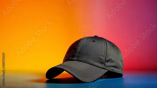 Wallpaper Mural Black baseball cap resting on a vibrant background of orange and blue colors in a minimalist indoor setting Torontodigital.ca