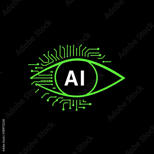 AI futuristic artificial intelligence eye with neon lights and digital circuits photo