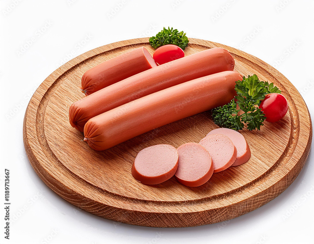 sausage on the board isolated on the white background sausage on the board isolated on the white background