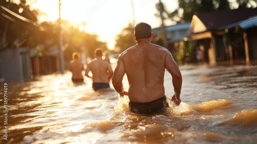 Residents navigate through deep floodwaters in an affected neighborhood Residents navigate through deep floodwaters in an affected neighborhood